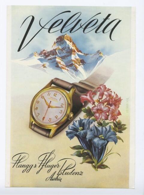 Titelbild für Werbeprospekt Velveta Uhren von Hans Oberbacher / Hans Oberbacher ; Uhrenfabrik Plangg u. Pfluger, Bludenz von [Hersteller nicht ermittelbar]
