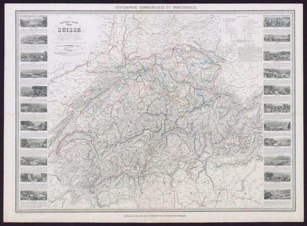 Nouvelle carte illustrée de la Suisse présentant les divisions physiques et politiques, les routes et les chemins de fer, les villes industrielles, les lieux remarquables par des curiosités naturelles