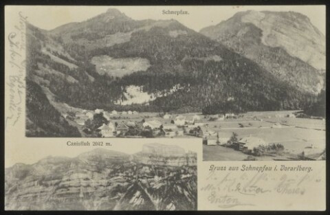 Gruss aus Schnepfau i. Vorarlberg : Schnepfau : Canisfluh 2042 m. : [Correspondenz-Karte ...]