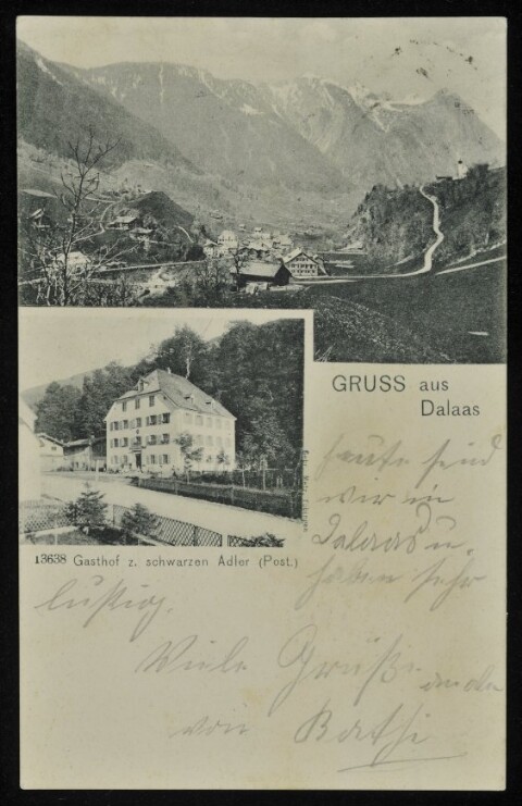 Gruss aus Dalaas : Gasthof z. schwarzen Adler (Post.) : [Correspondenz-Karte An ... in ...]