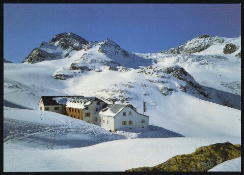 [Gaschurn Partenen] : [Silvretta Wiesbadner Hütte, 2443 m, mit Piz Buin, 3312 m, Signalhorn, 3210 m, Eisbruch vom Ochsentaler Gletscher Vorarlberg, Österreich ...]