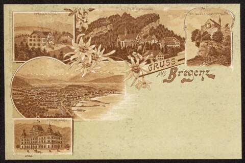 Gruss aus Bregenz : Kloster Riedenburg : Postgebäude ... : [Correspondenz-Karte An ... in ...]