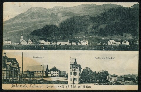 Andelsbuch, Luftkurort (Bregenzerwald) mit Blick auf Niedere : Dorfpartie : Partie am Bahnhof : [Correspondenz-Karte ...]